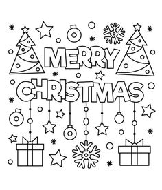 merry christmas coloring page with presents and gifts on the bottom right hand corner in black and white