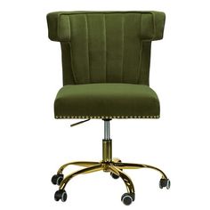 a green office chair with wheels and casteors on an isolated white background for use in commercial projects