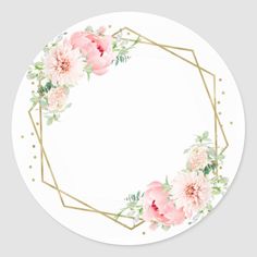 a round sticker with pink flowers and gold geometric frame