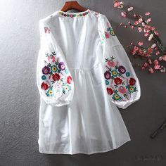 Lasaky - Artistic Rural Lantern Sleeve Cotton Linen Vacation Embroidered Lotus Leaf Hem Loose Casual One-Piece Dress Dress Collar, Lotus Leaf, Daily Dress, White Sleeveless, Lantern Sleeve, One Piece Dress, Lantern Sleeves, Types Of Skirts, Collar Dress