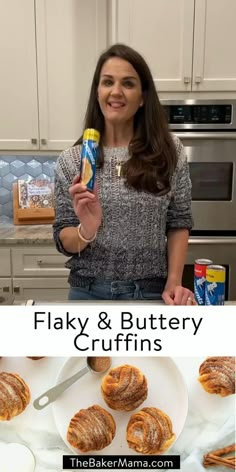 a woman holding a box of flaky and buttery crufffins