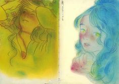 two drawings of women with different colored hair and one is looking at the other side