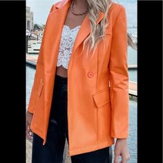 Orange Cross Jacket, Shein Jackets, Suit Jackets, Color Orange, Blazer Suit, Pu Leather, Suit Jacket, Jackets & Coats, Jackets For Women