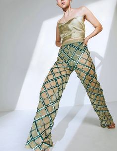 Embellished Sheer Pants in Pastel Olive Green | NOT JUST A LABEL Pastel Olive Green, Sheer Pant, Sheer Pants, Sheer Jacket, Structured Jacket, Bandeau Crop Top, Sequin Pants, Bandeau Top, Straight Pants