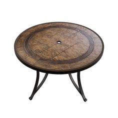 a wooden table with metal legs and a circular tray on the top that has holes in it