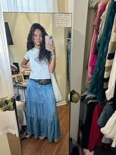 denim skirt outfit jean skirt flowy skirt disc belt baby tee and skirt boho outfit modest feminine Denim Skirt With Belt Outfit, Denim Maxi Skirt Outfit Casual, Flowy Jean Skirt Outfits, Jeans Into Long Skirt, Jean Skirt Outfits Long, Navy Maxi Skirt Outfit, Disc Belt Outfit, Jean Maxi Skirt Outfit, Skirt Boho Outfit