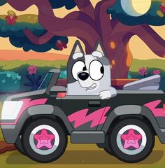 a cartoon cat driving a pink and black jeep