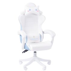 a white and blue office chair with an arm rest