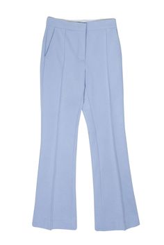 Current Boutique-Dorothee Schumacher - Powder Blue Pleated Detail High Waist Pants Sz 2 Blue Flare Pants In Elastane, Blue Flare Pants With Elastane, Tailored Wide-leg Blue Dress Pants, Blue Tailored Wide-leg Dress Pants, Spring Office Wide Leg Elastane Pants, Spring Elastane Wide Leg Pants For Office, Elastane Wide Leg Pants For Office In Spring, Formal Light Blue Bottoms For Spring, Light Blue Formal Spring Bottoms