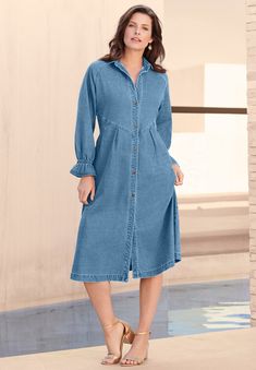 An updated take on our relaxed and easy shirtdress, made in supersoft denim with a shirt collar and button-front design. Ruffle-trim elastcized blouson Denim Dresses For Women, Womens Denim Dress, Long Dress Design, Collared Shirt Dress, Womens Denim, Modest Dress, Denim Dresses, Designer Dresses Casual, Button Front Dress