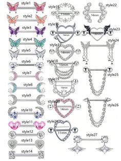 the different types of piercings are shown in this image, including hearts and butterflies