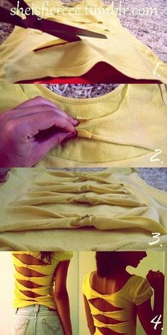 the back of a woman's dress being cut into pieces with scissors and fabric