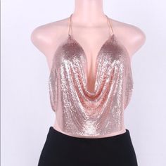 Sexy Backless Sequined Top Rose Gold 7 Color Choices: Gold, Silver, Black, Rose Gold, Pink, White & Orange One Size Fits Most Small-Xl Trendy Backless Tube Top For Party, Pink Top With Built-in Bra For Night Out, Flirty Backless Party Top, Pink Halter Neck Top For Evening, Glamorous Backless Tube Top For Night Out, Pink Sleeveless Halter Top For Club, Flirty Halter Neck Party Top, Flirty Halter Neck Crop Top For Party, Flirty Halter Neck Top For Party