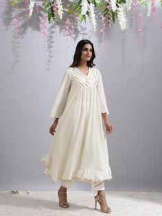 Jameela ivory tunic - Trendroots Modern Suits, Kaftan Style, Woven Cotton, Cotton Weaving, No Frills, Bell Sleeves, Ready To Wear, Highlights, Shirt Dress