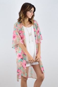 Pink Floral Chiffon Kimono Cardigan Long Sleeve Chiffon Outerwear For Spring, Feminine Long Sleeve Summer Cardigan, Floral Print Summer Outerwear For Layering, Summer Floral Print Outerwear For Layering, Casual Long Floral Print Cardigan, Flowy Casual Cardigan, Long Casual Cardigan With Floral Print, Long Floral Print Summer Outerwear, Summer Floral Print Casual Cardigan