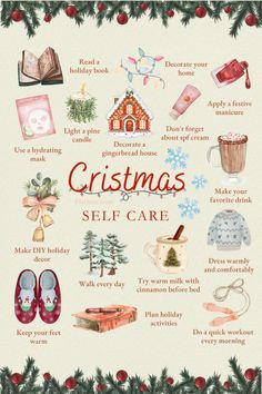 Self Care Holidays, How To Feel More Christmassy, Winter Self Care Ideas, Winter Self Care Aesthetic, December Self Care, Winter Selfcare, Christmas Routine, Self Care Christmas, Christmas Self Care