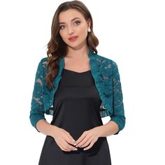 The ruffle collar, sheer floral lace fabric, and crop length give a unique, elegant touch. This cardigan shrug is perfect for layering over your favorite dresses or tops. It adds the right amount of coverage without taking away from the overall style of your outfit. If you're looking for a versatile and stylish piece to add to your wardrobe, the Women's Elegant Ruffle Collar Crop Cardigan Sheer Floral Lace Shrug Top is the perfect choice. It's a timeless piece that you can wear season after seas Spring Party Lace Shrug, Spring Party Shrug With Lace Trim, Fitted Lace Cardigan For Party, Elegant Fitted Lace Cardigan, Spring Lace Shrug With Lace Sleeves, Evening Shrug With Lace Trim, Spring Fitted Shrug With Lace Trim, Fitted Shrug With Lace Sleeves For Spring, Elegant Fitted Lace Trim Cardigan