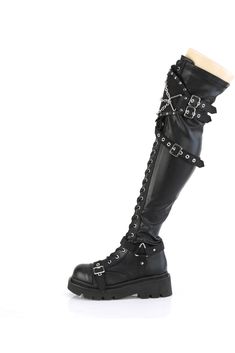 2 1/2" Tiered Platform Lace-Up Over-The-Knee Boots, Inside Zipper - Fit Guide: True to Size - Heel Height: 2 1/2" Platform - Brand: Demonia - Shown in Women's Sizes - Country of Origin: Imported Goth Boots, Leather Knee Boots, Knee Boot, Black Vegan, Fashion Couture, Punk Goth, Black 7, Costume Design, Over The Knee Boots