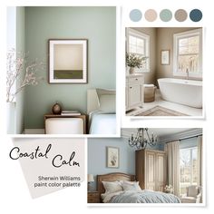 a collage of photos showing different rooms with furniture and decor in them, including a bathtub