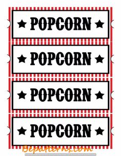 three popcorn labels with stars and checkered red and white stripes, one is black on the