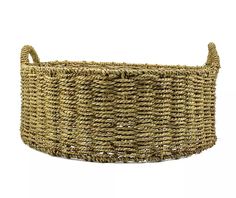 an empty basket with handles on the top and bottom, made out of woven material