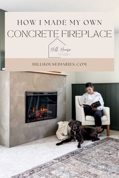 a woman sitting in a chair next to a fireplace with a dog on the floor