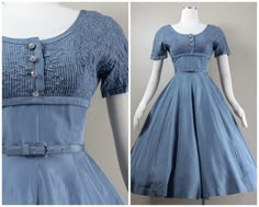 This is a stunning 50s steel blue shimmery rayon taffeta dinner/cocktail dress. It has a shirred top that falls to the underbust with a scoop neckline and 3 stunning rhinestone buttons down the front. It has short sleeves with split cuffs adorned with more rhinestone buttons. The dress is fitted to the natural waist with princess seams and it has its matching belt. The skirt is a super full circle that falls past the knees. The dress zips up the back with a metal zip. The dress is unlined and there is a pocket on the right hip. Condition: The dress is in great condition with only one thing to note. There is a small repair near the zipper on the left side. It is under an inch and is not noticeable. The dress has been professionally hand laundered and is ready to wear.  Measurements Bust: up 1950s Vintage Dress With Buttons, 1950s Spring Vintage Dress With Buttons, 1950s Collared Dresses With Buttons, 1950s Style Blue Cotton Vintage Dress, 1950s Vintage Dress With Button Closure, Vintage 1950s Dresses, 1950s Dress, 50s Dresses, 1960s Fashion