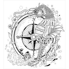 a black and white drawing of a compass with fish, seahorses and other marine creatures