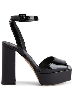 black calf leather patent finish open toe buckle-fastening ankle strap branded leather insole 120mm block heel platform sole