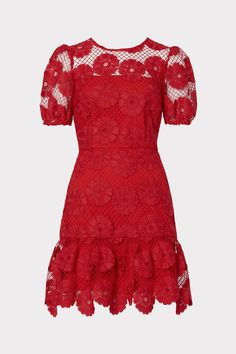 Perfect for your next cocktail party, the Yasmin dress has a sheer overlay with lace daisy flowers throughout. It features a feminine, slightly puffed short sleeve with a ruffled short skirt. Minimal accessories required. Short Sleeve Party Dress With Floral Embroidery, Short Sleeve Floral Embroidered Party Dress, Short Sleeve Floral Embroidery Party Dress, Evening Dress With Floral Embroidery And Short Sleeves, Feminine Short Sleeve Mini Dress For Evening, Formal Floral Embroidered Mini Dress, Formal Mini Dress With Floral Embroidery, Feminine Short Sleeve Mini Dress For Cocktail, Short Sleeve Lace Dress For Garden Party