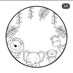 a black and white drawing of animals in a circle with leaves on the border,