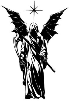 a black and white drawing of an angel holding a staff with a star above it