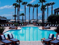 an empty swimming pool with lounge chairs and palm trees