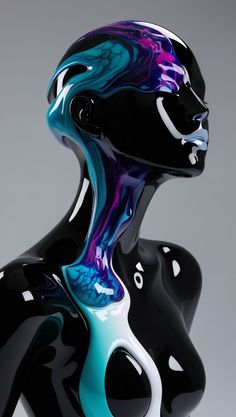 a black and blue sculpture is shown against a gray background