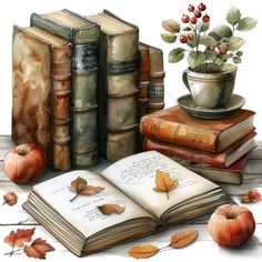 an image of books and autumn leaves