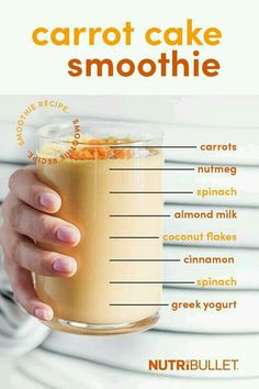 carrot cake smoothie in a tall glass with ingredients labeled on the front and side