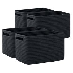 three black storage baskets with handles