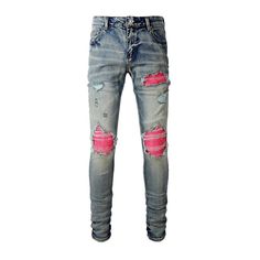 Unleash your inner vibe maverick with our Y2K-inspired pink pieced-together knees men's jeans from the 2023 Spring-Summer Collection! These distressed, skinny mid-waist jeans feature a zipper and button closure, plus stretchy fabric for a look that's timelessly cool and endlessly leisurely.Why You'll Love Them Retro Vibe: Oozing with nostalgic Y2K style, these jeans are the perfect way to bring a touch of vintage-chic to any outfit. Distinctive Distress: Showcasing a unique patchwork of distress Knee Hole Jeans, Bandana Jeans, Style Bandana, Pink Patchwork, Tattoo Outline Drawing, Patch Jeans, Mid Waist Jeans, Stretch Denim Pants, Biker Jeans