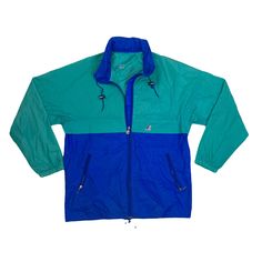 Vintage 90s K-Way blue green lightweight windbreaker waterproof rain jacket size large. no size label fits as a large or XL  hood in zip collar. some minor stains  Pit to pit: 60cm Pit to cuff: 52cm Collar to hem: 83cm Sporty Green Nylon Raincoat, Blue Nylon Waterproof Windbreaker, Waterproof Nylon Blue Windbreaker, Blue Nylon Long Sleeve Raincoat, Blue Nylon Outdoor Raincoat, Blue Nylon Raincoat For Outdoor, Sporty Blue Waterproof Windbreaker, Blue Nylon Windproof Raincoat, Green Nylon Windbreaker For Rainy Weather