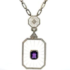 This vintage necklace boasts a unique design featuring a rectangular cut corner pendant with a beautiful amethyst stone. The pendant hangs from a platinum chain with a bezel setting style and a necklace length of 16 inches. The necklace is estimated to have a diamond weight of about 0.02CT, with a total carat weight of diamond clarity grade SI and diamond color grade H/I. The necklace is a great addition to any vintage jewelry collection and is perfect for adding a touch of elegance to any outfit. Its classic design and high-quality materials make it a timeless piece that can be worn for years to come. Sold Exactly As Shown Platinum @ 18.5grams(gross) Amethyst measured about 7.7x6.1mm, very nice color Overall condition is amazing, and details Pre-owned item most likely there will be some m Camphor Glass Necklace, Filigree Pendant Necklace, Platinum Chain, Antique Jewelry Necklace, Diamond Color Grade, Filigree Pendant, Amethyst Stone, Diamond Color, Diamond Clarity