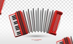 an accordion on a transparent background with red and white accents, in the shape of a piano