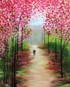 a painting of two people walking down a path in the middle of a forest with pink trees