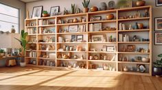 a living room filled with lots of wooden shelves and potted plants on top of them