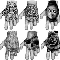 four different styles of hand tattoos with skulls and roses on the palm, all in black and white