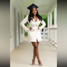 I Love This Dress, Only Wore Once! Business Major Graduation Pictures, Graduation Photo Poses, College Graduation Dresses, Backless Blazer, Graduation Dress White, Masters Graduation, College Graduation Pictures Poses, Business Major, White Dresses Graduation