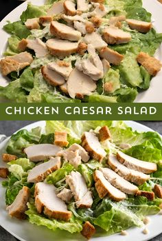 chicken caesar salad with lettuce and croutons on the side is shown