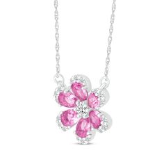 For Mom, the girl you adore or someone special, this sweet flower necklace is a gift she'll love. Crafted in sterling silver Pear-shaped pink lab-created sapphires create the petals At the center and around the edges, white lab-created sapphires amp up the sparkle The pendant is centered on an 18-inch rope chain that secures with a spring ring clasp Pink Flower-shaped Necklaces For Mother's Day, Pink Flower Pendant Necklace For Mother's Day, Flower-shaped Sterling Silver Necklace For Valentine's Day, Flower Shaped Sterling Silver Necklaces For Valentine's Day, Mother's Day Pink Flower Pendant Necklace, Valentine's Day Flower Shaped Sterling Silver Necklace, Sterling Silver Flower Charm Necklace For Valentine's Day, Pink Flower Necklace For Mother's Day, Sterling Silver Flower Necklace - Gift For Mom