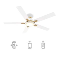 a white ceiling fan with three lights and remote controls on the blades, including an appliance