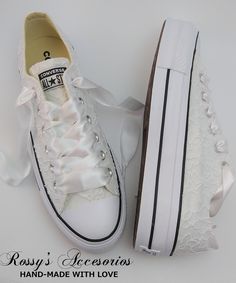 "Beautiful and Romantic wedding sneaker are a perfect accessories for your Special day..These Wedding Chuck Taylor All Star Platform Low Top White Converse ,are embellished with White Corded Lace fabric . Satin Ribbon shoe lace for tying . * 1 3/4\" platform. *Note that these shoes run in half-sizes. Handmade to order, so please allow me enough time before your wedding date. Orders are processed and shipped within 5-6 WEEKS of payment., large orders may take longer ..Please allow an additional 2 Low-top Wedding Shoes With White Laces, Low-top Lace Wedding Shoes For Bride, White Low-top Wedding Shoes For Bride, Low-top Wedding Shoes With White Laces For Bridal Shower, White Sneakers With Laces For Bridal Shower, White Low-top Wedding Shoes For Bridal Shower, White Round Toe Wedding Shoes For Destination Wedding, Lace-up Wedding Shoes With Laces, White Lace-up Wedding Shoes For Bridal Shower