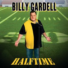 a man standing in front of a microphone on top of a football field with the words, billy gardill half time